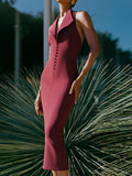 Dadizhimu Dress Women's Sexy Bare Back V-Neck Suit Medium Long Dress Tight-Fitched And Forked Hanging Neck Dress