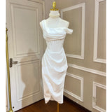 Dadizhimu Temperament Design Irregularly Slanted Shoulder-Speeled Thoracic Fish Bone Folded Open-Scrinkled And Forked-Sing-Faced Dress Dress Dress Dress