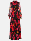 Dadizhimu 2024 New Long Sleeve Vintage Red Printed Elegant 100-Folded Long Dress Chiffon Dress Woman