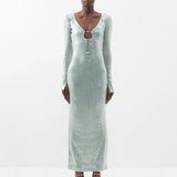 Dadizhimu High-End Women's Sexy Leash V-Neck Horn Sleeve Dress Under The Fork Dress Dress