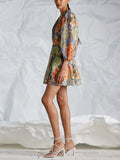 Dadizhimu Retro-Print Dress 2025 New Temperament V Tie Collar Collar Slimming Short Skirt Woman