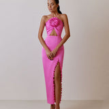 Dadizhimu New Decoration Flowers Sexy Party Dress With Chest Bare Back Strap Open Skirt Dress Long