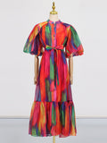 Dadizhimu Wind Mesh Dress 2025 New Printing Design Tice With Waist Display Lanky Dress Dress Women's Summer