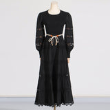 Dadizhimu Retro High-End Long Dress 2025 Spring New Hollow Tie Solid Color Waist Thin Dress Woman Trend