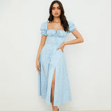 Dadizhimu Women's Dress French Fashion Elegant Floral Long Dress Female Bare Backs Open Fork Bubble Sleeve Dress