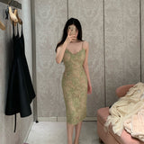 Dadizhimu Elegant Apricot Green Lace Dress Sling Dress Femininity Small Design Banquet Dress Dress With Hip Dress
