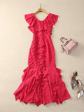 Dadizhimu New Short-Sleeved Lotle Side New Spring And Summer 2024 Body-In-En-Brician Elegant Folded Fish Tail Mid-Long Dress Dress
