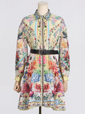 Dadizhimu Court Style Style Waist Short Dress 2025 New Collar Print Belt Design Short Dress Women's Summer