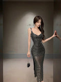 Dadizhimu Women's Nude Flash-Colored Back Light Luxury Party Birthday Sexy Dress Hanging Dress