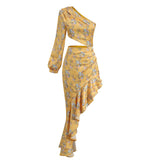 Dadizhimu Women's Fashion Sexy Body Repair Kite Skirt Slant Shoulder Crumid Flowers Irregular Lotus Leaf Dress Woman