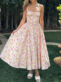 Dadizhimu Sexy Women's Broken Flowers Hanging Neck Dress Spring And Summer Women's High-End Feeling Body Out-Back Resort Style Long Skirt
