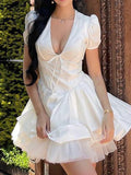Dadizhimu Sexy Deep V Short Sleeves Crumid Summer French Dress Sweet Spicy Fashion Puff Small Dress Summer Dress