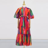 Dadizhimu Wind Mesh Dress 2025 New Printing Design Tice With Waist Display Lanky Dress Dress Women's Summer