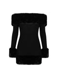 Dadizhimu Black Plush Long-Sleeved Shoulder Dress Autumn And Winter Women's Fur-Red Back Hottie-Bum Skirt