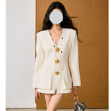 Dadizhimu White Small Suit Small Dress Small Design Sense V-Neck Embossed Metal Buckle Waist French Temperament Suit Jacket Woman