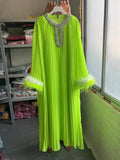 Dadizhimu And Autumn 2024 New Round-Necked Nail Pearl Feather Cuffs 100-Fold Loose Mid-Long Dress Dress Dress Women's Leisure