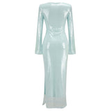 Dadizhimu High-End Women's Sexy Leash V-Neck Horn Sleeve Dress Under The Fork Dress Dress