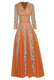 Dadizhimu Collar Nine-Sleeves To Close The Waist Fluffy Swing Net Gold Embroidered Dress Dress Long Dress