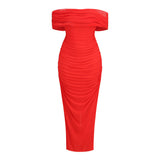 Dadizhimu Sexy Solid Color Elegant Chest-Shaped Shoulder Dress High-End Repair Fork Dress Long