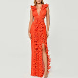 Dadizhimu Open Fork Dress 2025 New Autumn V-Neck Wood Ear Design High-Waist Long Dress Woman