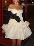 Dadizhimu Design With A Bow With A Word Shoulder Long-Sleeved Dress Women's Wear Mesh Splicing Sexy Bare Back Skirt