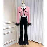 Dadizhimu Wind Rose Flower Brooch Short Ostrich Coat High Waist Water Drill Chain Velvet Trumpet Trousers