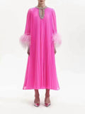 Dadizhimu And Autumn 2024 New Round-Necked Nail Pearl Feather Cuffs 100-Fold Loose Mid-Long Dress Dress Dress Women's Leisure