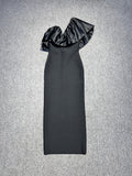 Dadizhimu Women's Sexy Temperament Slant Shoulders Irregular Thin Open Fork Dress Elegant Banded Evening Dress