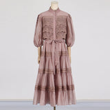 Dadizhimu Retro Style Long-Sleeved Dress Woman 2025 Spring New Splicing Hollow High-End Feeling Slimy Dress