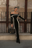 Dadizhimu And Sexy Shoulder-Collision Dress Knitted Long-Sleeved Shoulder Banded Evening Dress