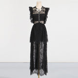 Dadizhimu Elegant Style Dress 2025 Summer New Lace High-End Design Neckbutter Knotted Dress