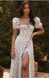 Dadizhimu Women's Dress French Fashion Elegant Floral Long Dress Female Bare Backs Open Fork Bubble Sleeve Dress