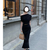 Dadizhimu Collar Oblique Shoulder Dress New Famous Temperament Banquet Dress Irregular Bag Folding Skirt
