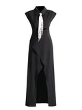 Dadizhimu 2025 New High-End Sense Collar Hollow Open-Fork Temperament Black Dress Tie Long Dress Woman Trend