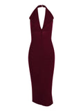 Dadizhimu Dress Women's Sexy Bare Back V-Neck Suit Medium Long Dress Tight-Fitched And Forked Hanging Neck Dress
