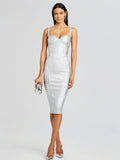 Dadizhimu Heavy Industry Hot Silver Sling V-Neck Dress Light Luxury Party Banquet Thin Banded Evening Dress