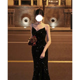 Dadizhimu People French Slings Inside And Outside Wearing A Dress Velvet Fishtail Temperament Black Cane Banquet Evening Dress Dress