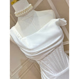 Dadizhimu Temperament Design Irregularly Slanted Shoulder-Speeled Thoracic Fish Bone Folded Open-Scrinkled And Forked-Sing-Faced Dress Dress Dress Dress