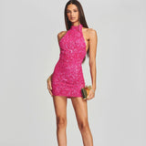 Dadizhimu Women's Sexy Bare Back Hanging Neck Slit Mini Dress Famous Party Dress Woman