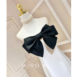 Dadizhimu Temperament Of The Black And White Bumpy Bow Word Shoulder Tidly Strapped Shoulder Tight Belt A-Word Dress Is Not Skinny