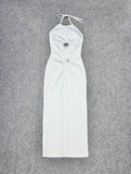 Dadizhimu Women's Sexy Hanging Neck-Laught White Long Skirt Ring Hollow Banding Dress