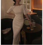 Dadizhimu Midsleeved Dress Women Waist French Hepburn Style Niche Design Shoulder Dress Dress