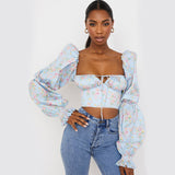 Dadizhimu Fashion Women's Clothing Collar Broken Flower Long-Sleeved Hollow Low-Breasted Tavel Trumpet Sleeve Top Lady