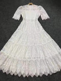 Dadizhimu For The New Women's Fashion Temperament Round-Neck Short-Sleeved Heavy Industry Embroidered Lace Lace Skirt