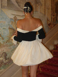 Dadizhimu Design With A Bow With A Word Shoulder Long-Sleeved Dress Women's Wear Mesh Splicing Sexy Bare Back Skirt