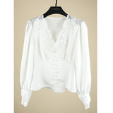 Dadizhimu White Temperament French Fascling Embroidery Lace V Collar Court Sleeve Soft Beauty Top Shirt