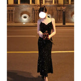Dadizhimu People French Slings Inside And Outside Wearing A Dress Velvet Fishtail Temperament Black Cane Banquet Evening Dress Dress