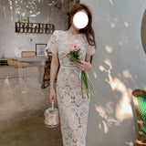 Dadizhimu Design Feel Rice White Heavy Lace Short Sleeve V-Neck Dress High Waist Repair Paper Pencil Dress