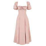 Dadizhimu Women's Dress French Fashion Elegant Floral Long Dress Female Bare Backs Open Fork Bubble Sleeve Dress