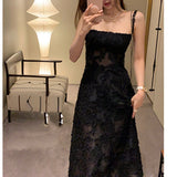 Dadizhimu Black Jacarnous Sling Dress French Sexy Bra Dress Micro-Permeal Skirt Long Waist Skirt